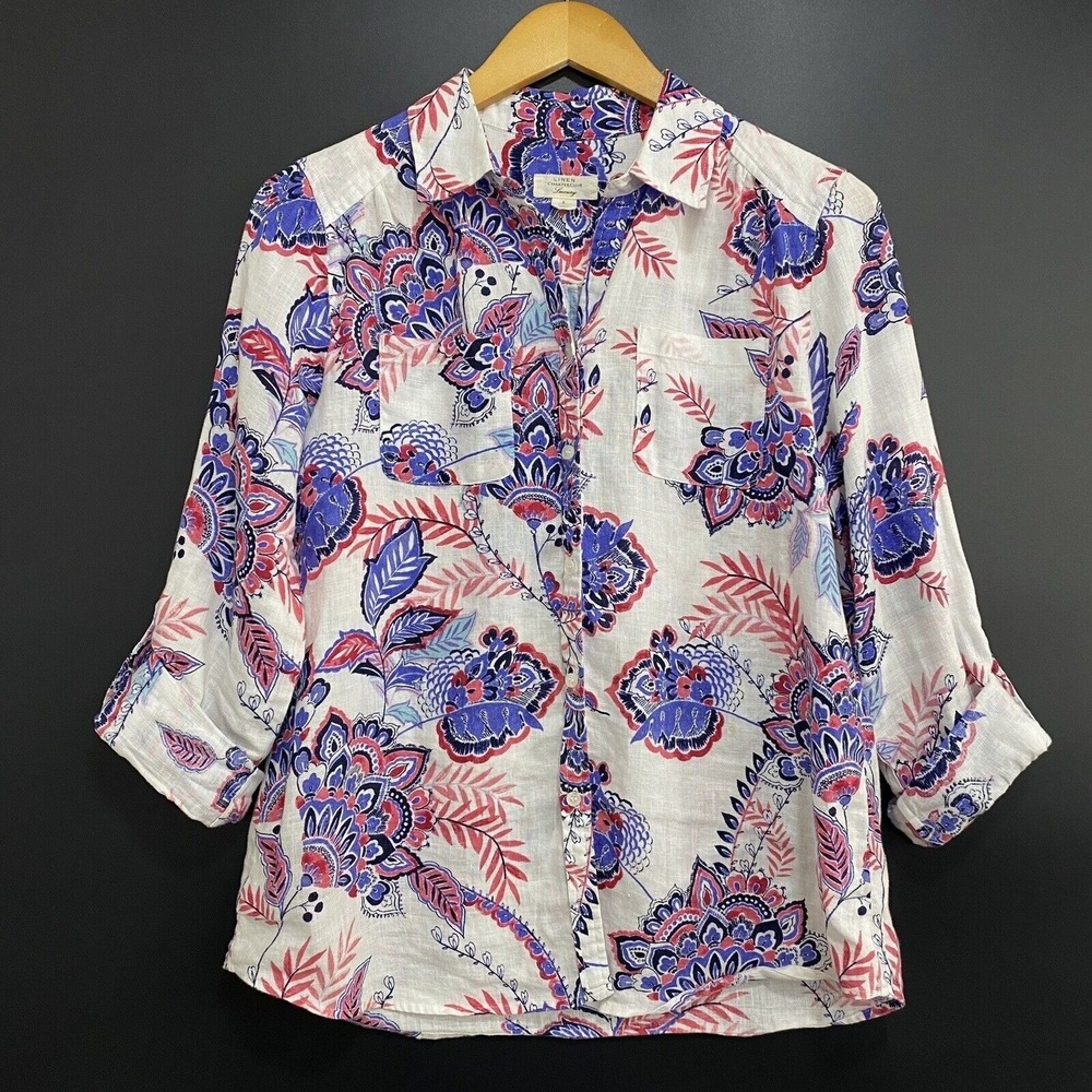 Charter Club Luxury‎ Shirt Womens Small White Blue Pink Linen Floral Button Up